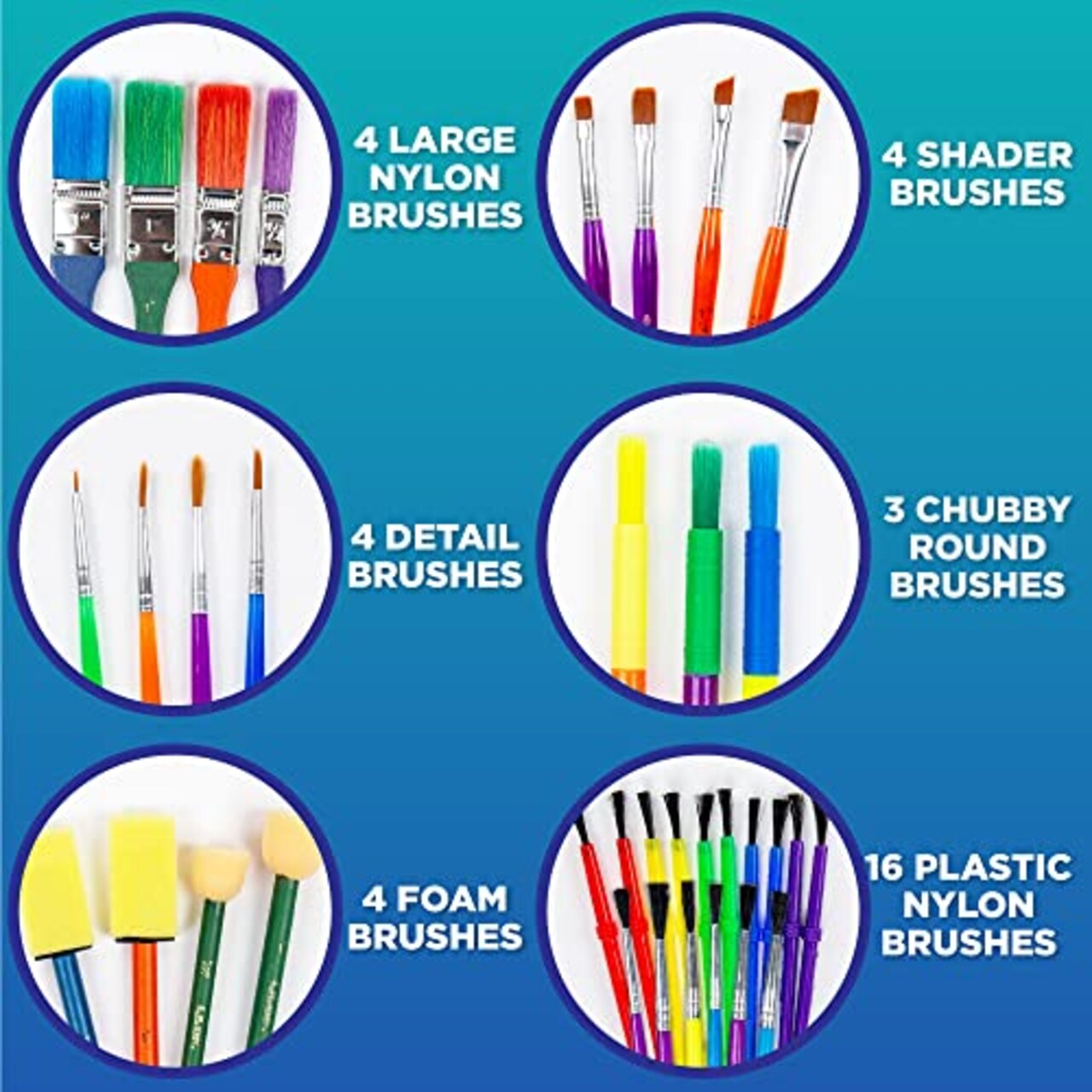 35 All Purpose Paint Brushes Value Pack – Includes 8 Different Types of Brushes, Great with Watercolors, Acrylic & Washable Paints. Multicolored